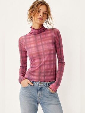 Pilcro Anthropologie Plaid Mesh Turtleneck Top Pink Combo Sheer Medium Lettuce